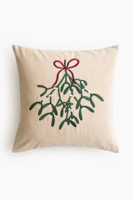 H&M HOME РОЖДЕСТВЕНСКИЙ БАРХАТНЫЙ ЧЕХОЛ НА ПОДУШКУ С ПРИНТОМ, БЕЖЕВЫЙ