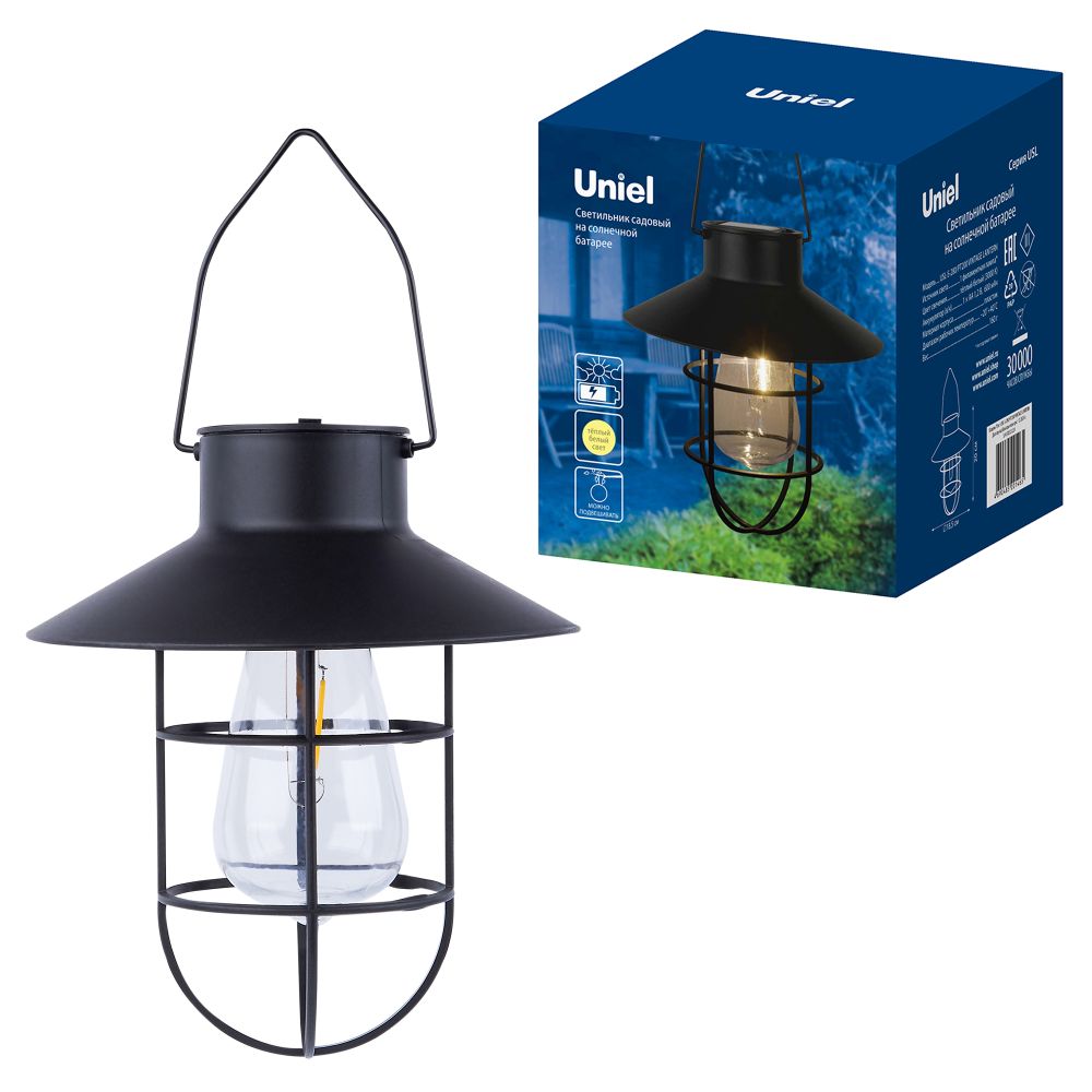USL-S-280-PT200 VINTAGE LANTERN Садовый светильник на солнечной батарее Винтажный фонарь. Подвесной. 1 филаментная лампа. Теплый белый свет. 1xААА Ni-Mh аккумулятор в-к. IP44. TM Uniel