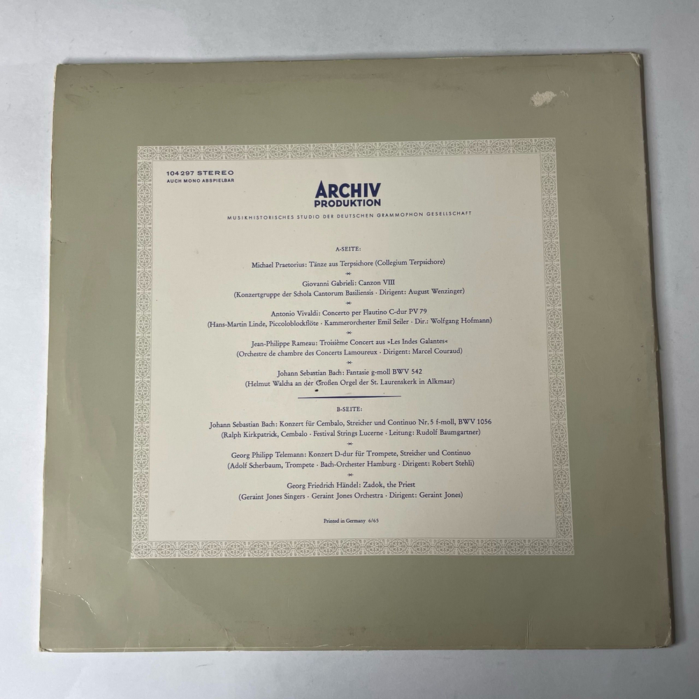 Винтажная виниловая пластинка LP Сборник Классической Музыки Festliche Musik Des Barock Музыка Эпохи Барокко (Германия 1965)