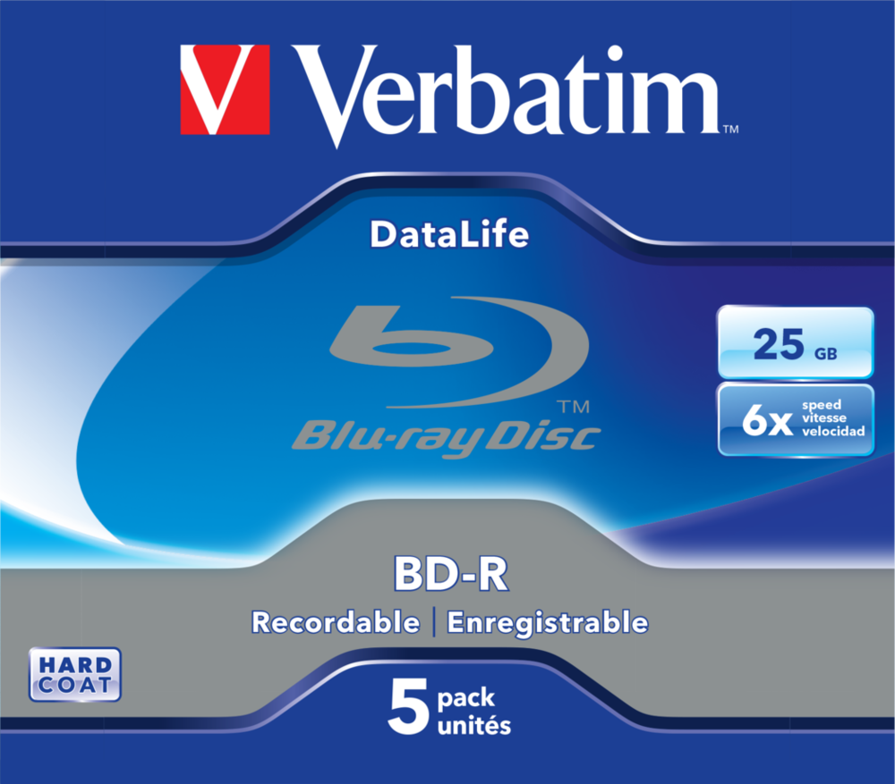 Оптический диск Verbatim BD-R SL 25GB 6X Datalife White Blue HardCoat, Slim Case, 5 шт
