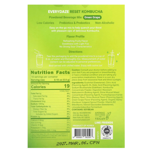 Everydaze, Reset Kombucha, порошковая смесь для напитков, зеленый виноград, 10 пакетиков по 5 г (0,18 унции)