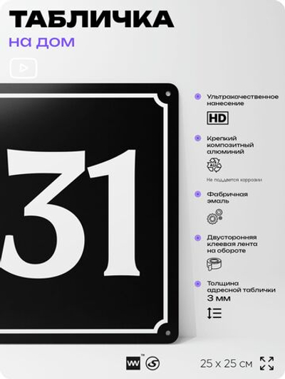 Адресная табличка с номером дома 131, на фасад и забор, черная, 25х25 см, Айдентика Технолоджи