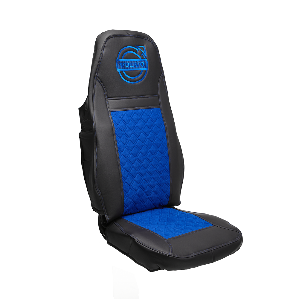 Чехлы VOLVO FH-13 после 2018 года: 2 высоких сиденья, ремни из сиденья (есть вырезы под ремень) (экокожа, черный, синяя вставка)
