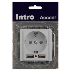 Розетка Intro Accent 6-410-01 с заземлением 2P+E Schuko со шторками 16А-250В + 2хUSB IP20 СУ белый | Intro