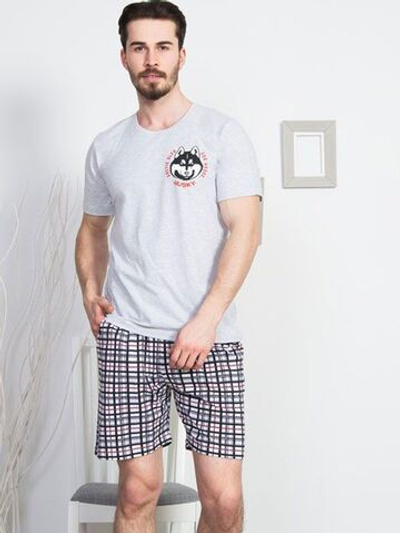 Мужской комплект с шортами в мелкую клеточку (Размер: XXL) (Цвет: темно-серый)