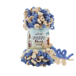 Пуффи Море ПЛЮС (Puffy More plus) пряжа Alize 100%микрополиэстер 2х250г/11м (8005 кремовый/голубой)