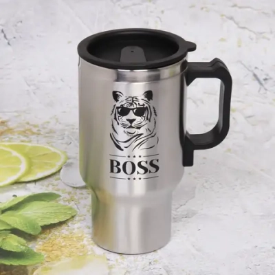 Термокружка 450мл, с подогревом от прикуривателя «BOSS» Тигр Серп и молот