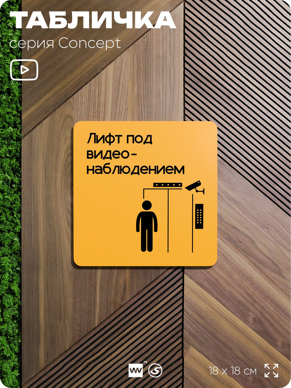 Табличка Видеонаблюдение в лифте, на дверь и стену, информационная и навигационная, серия CONCEPT, 18х18 см, пластиковая, Айдентика Технолоджи