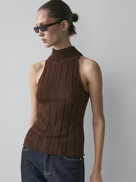 Massimo Dutti Топ из смесовой хлопка с горловиной халтер, шоколадный