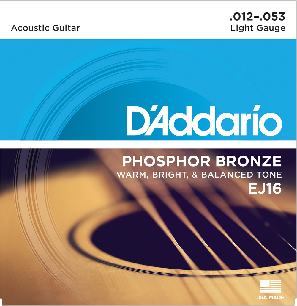 D`ADDARIO EJ16 струны для акустической гитары. Первые струны: сталь (шестигранный сердечник). Басовые струны: фосфорная бронза. Light, 12-53.