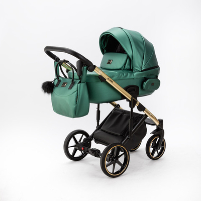 Детская универсальная коляска Adamex LUMI SE Deluxe L-SM500 (2в1) Изумрудная, перламутровая экокожа, золотая рама