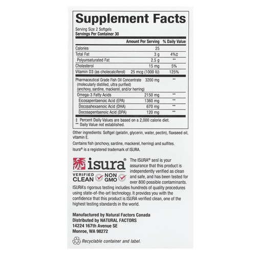 Natural Factors, RxOmega-3, повышенной силы действия с витамином D3, 60 мягких таблеток