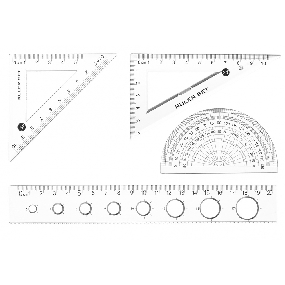 Линейка Basir пластиковая, набор 4 шт, серия "Единорог", 4 предмета: линейка с трафаретом 20 см, транспортир и два угольника