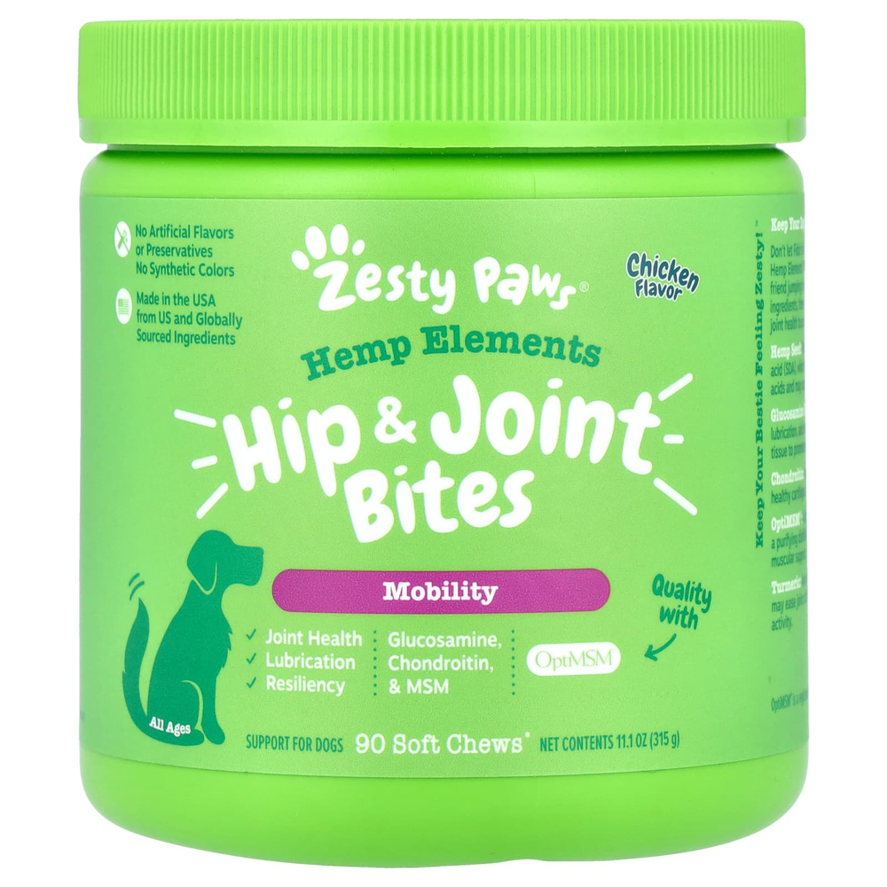 Zesty Paws, Hemp Elements, для укусов бедер и суставов, для собак, для всех возрастов, с курицей, 90 жевательных таблеток, 315 г (11,1 унции)