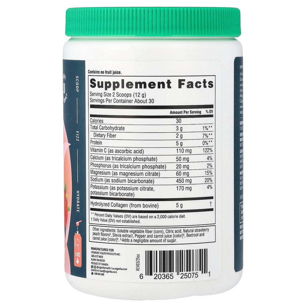 Organika, Electrolytes + Enhanced Collagen ™, сочная клубника и персик, 360 г (12,7 унции)
