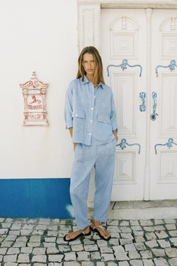 ZARA ЛЬНЯНАЯ КУРТКА-РУБАШКА, ГОЛУБОЙ