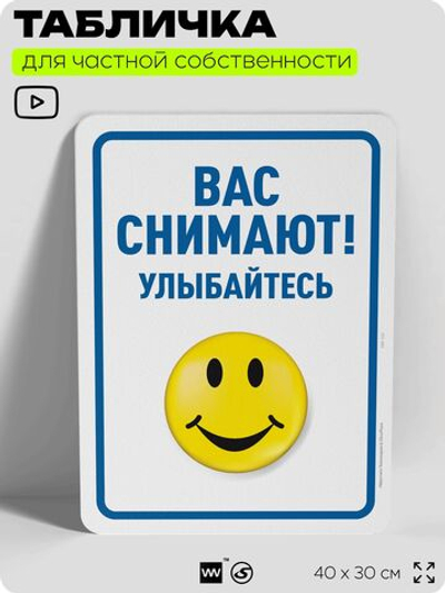 Табличка для частной территории "Вас снимают, улыбайтесь", на дом, для участка, организаций и частных территорий, предупреждающая, 40х30 см, Silver Plane x Айдентика Технолоджи