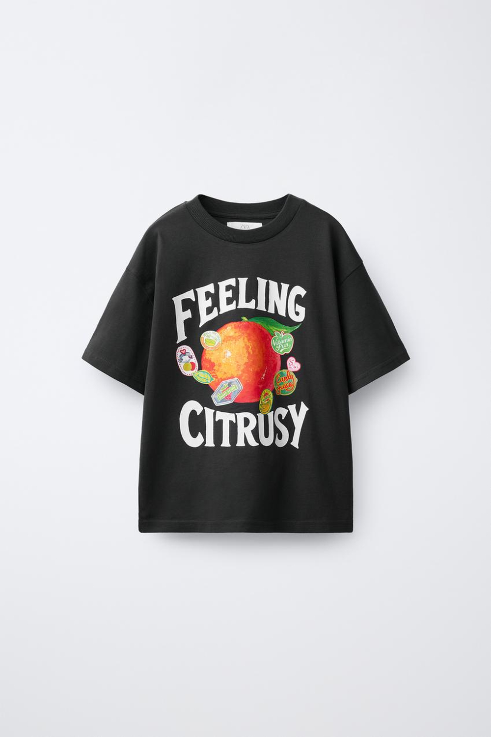 ZARA ФУТБОЛКА С ПРИНТОМ «ФРУКТЫ», АНТРАЦИТОВО-СЕРЫЙ