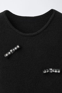 ZARA ТРИКОТАЖНОЕ ПЛАТЬЕ С БАНТАМИ В КЛЕТКУ ВИШИ, ЧЕРНЫЙ