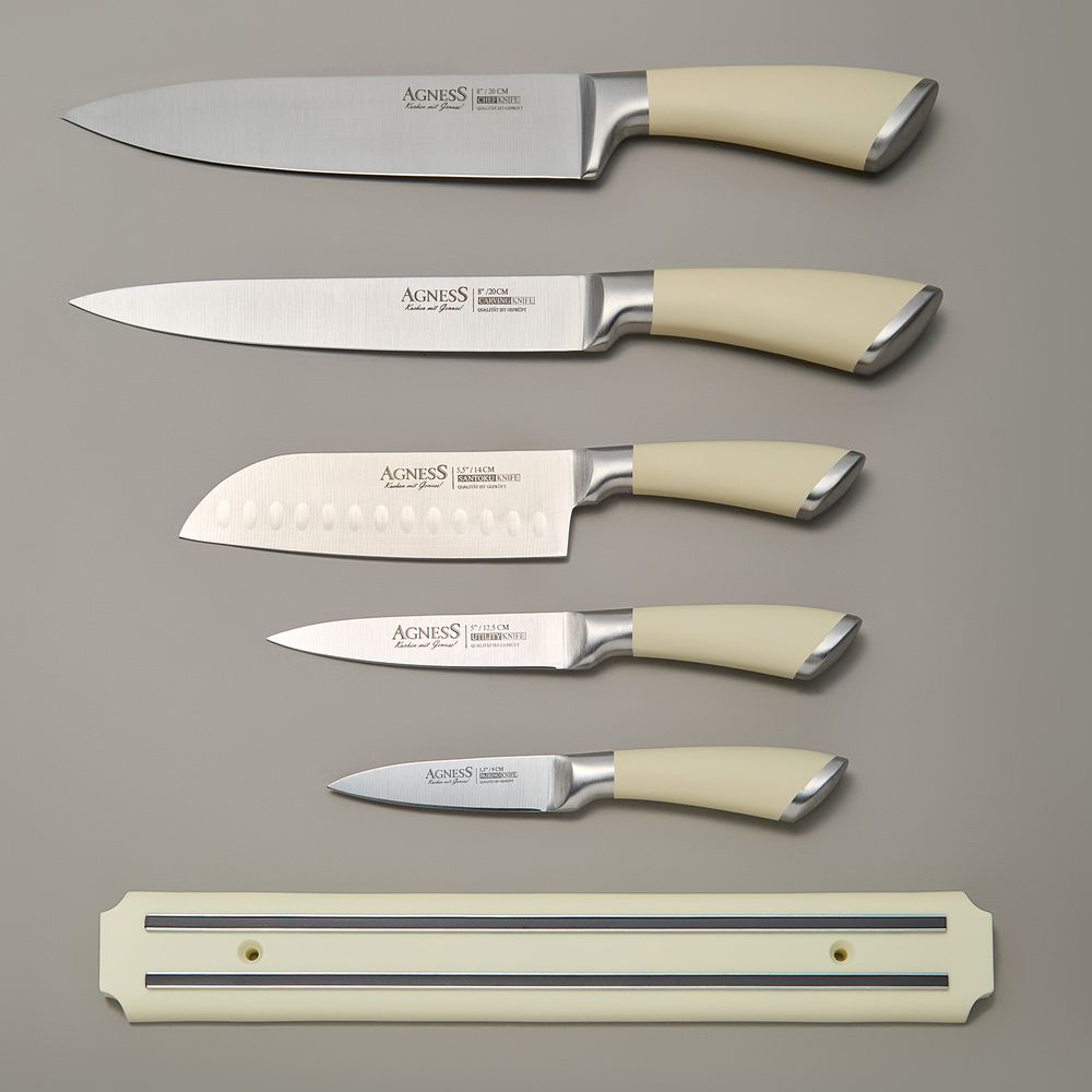 НАБОР НОЖЕЙ AGNESS 6 ПР.С МАГНИТНЫМ ДЕРЖАТЕЛЕМ И РУЧКОЙ ИЗ НЕРЖ.СТАЛИ (КОР=6НАБОР.)