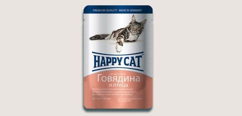 Happy Cat влажный корм для кошек говядина и птица кусочки в соусе