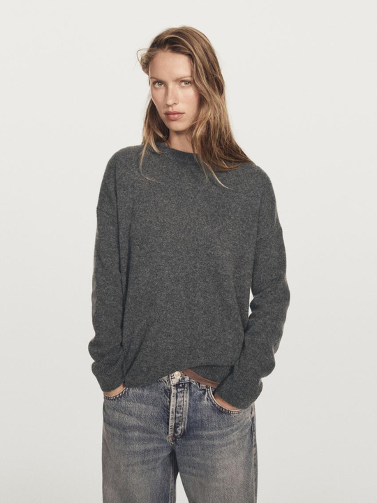 Massimo Dutti Свитер оверсайз из 100% кашемира с нашивками на локтях, серый