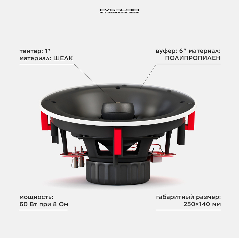 CVGAUDIO TXC608 Встраиваемые в потолок круглые двухполосные акустические системы Hi-Fi класса с угловой установкой диффузора для использования в составе ДК, 30W(RMS) / 100W(MAX), 8ohm