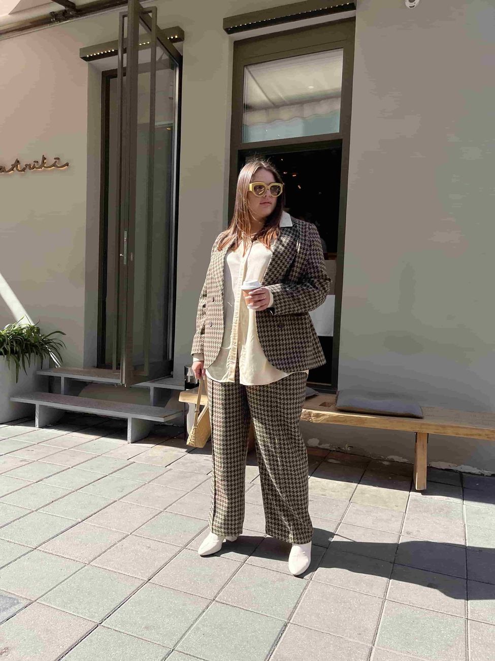 Брюки прямые широкие, гусиная лапка, коричневый