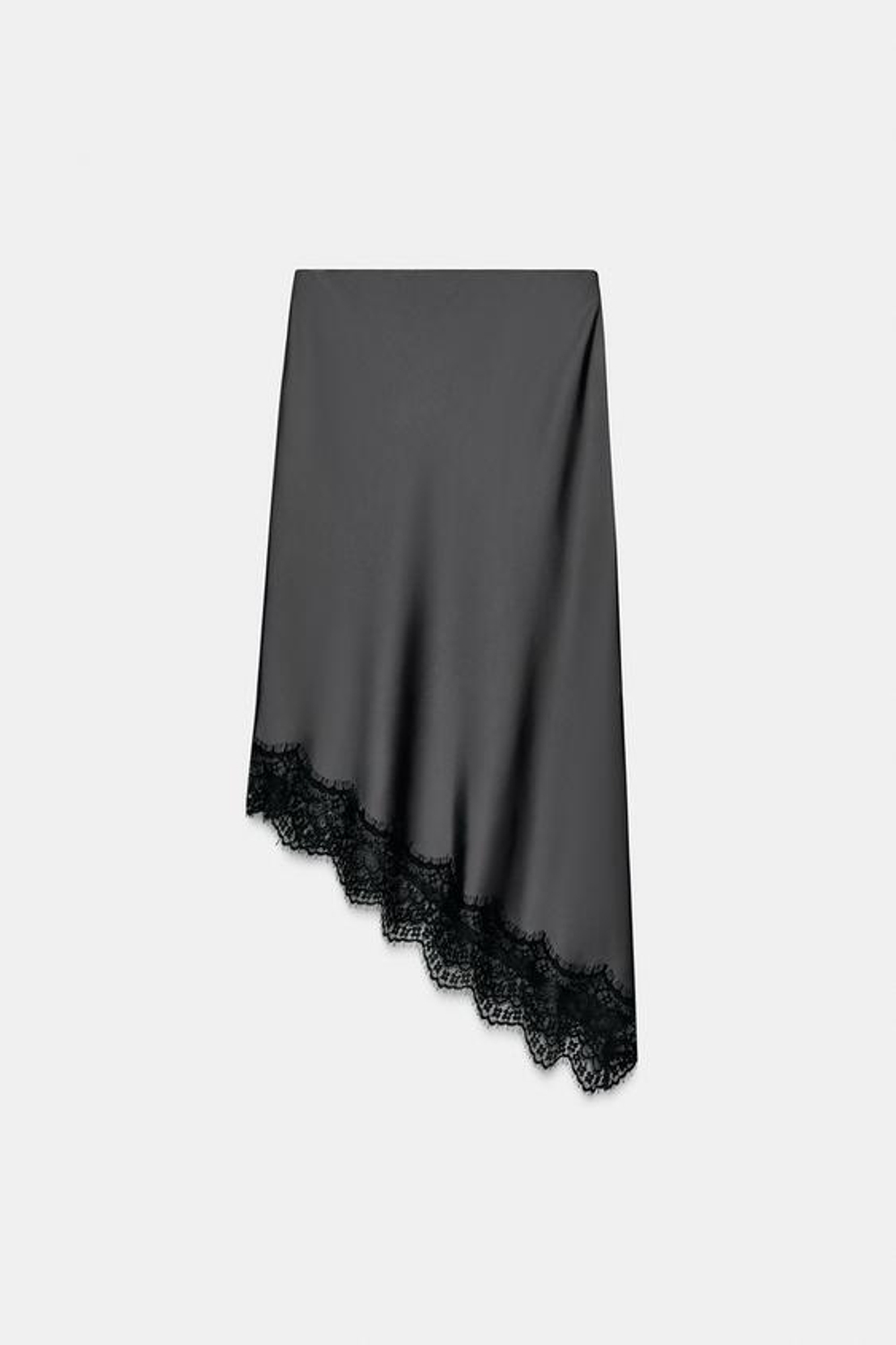 ZARA АТЛАСНАЯ ЮБКА С КРУЖЕВОМ, ТЕМНО-СЕРЫЙ