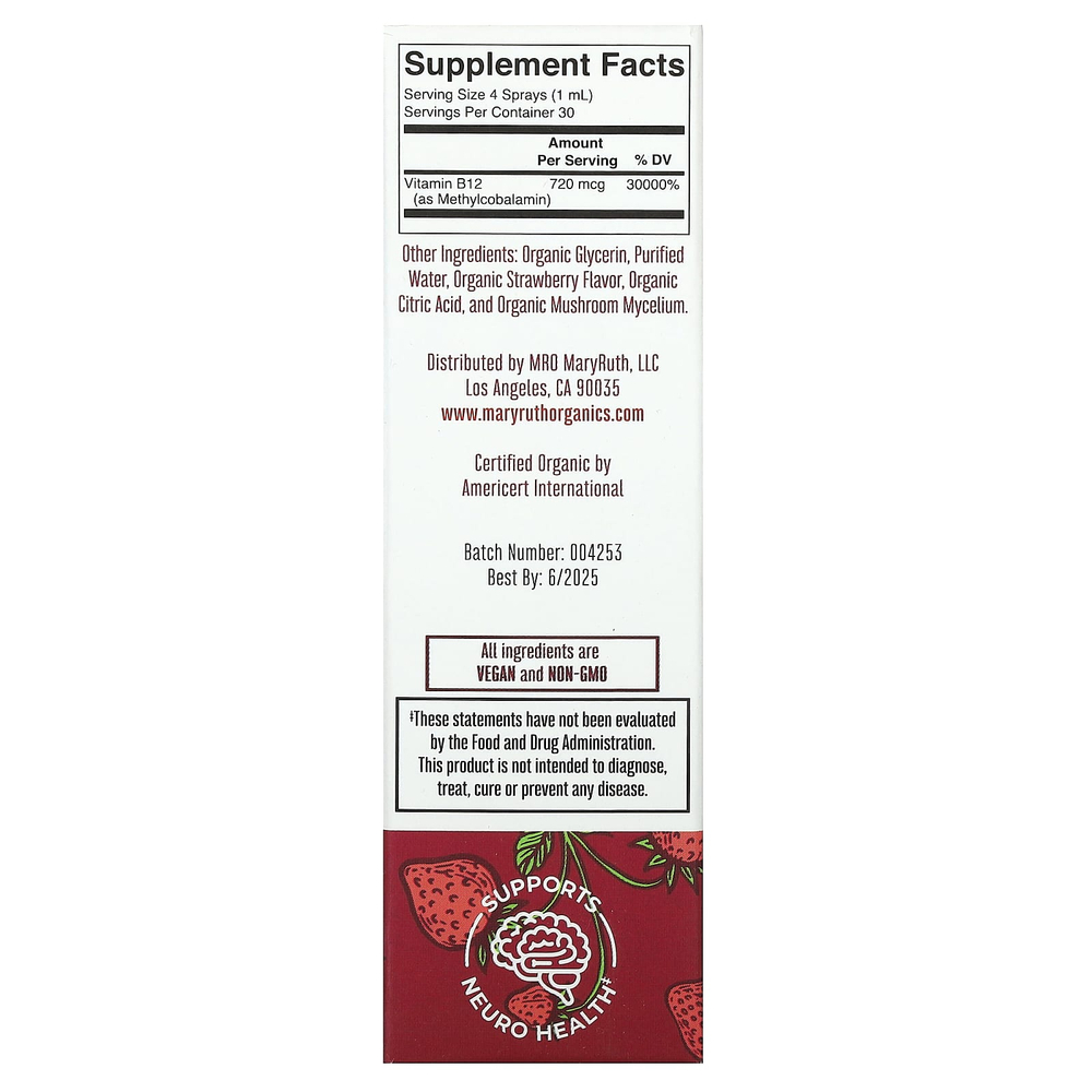 MaryRuth's, органический метилкобаламин, жидкий спрей, со вкусом клубники, 720 мкг, 30 мл (1 жидк. унция)