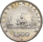 Italy 500 Lire 1959 R "Christopher Columbus Ships", XF