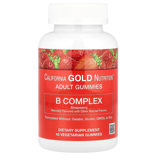 California Gold Nutrition, жевательные таблетки с комплексом витаминов группы B с витаминами B6 и B12, фолатом и биотином, клубника, 45 вегетарианских жевательных таблеток