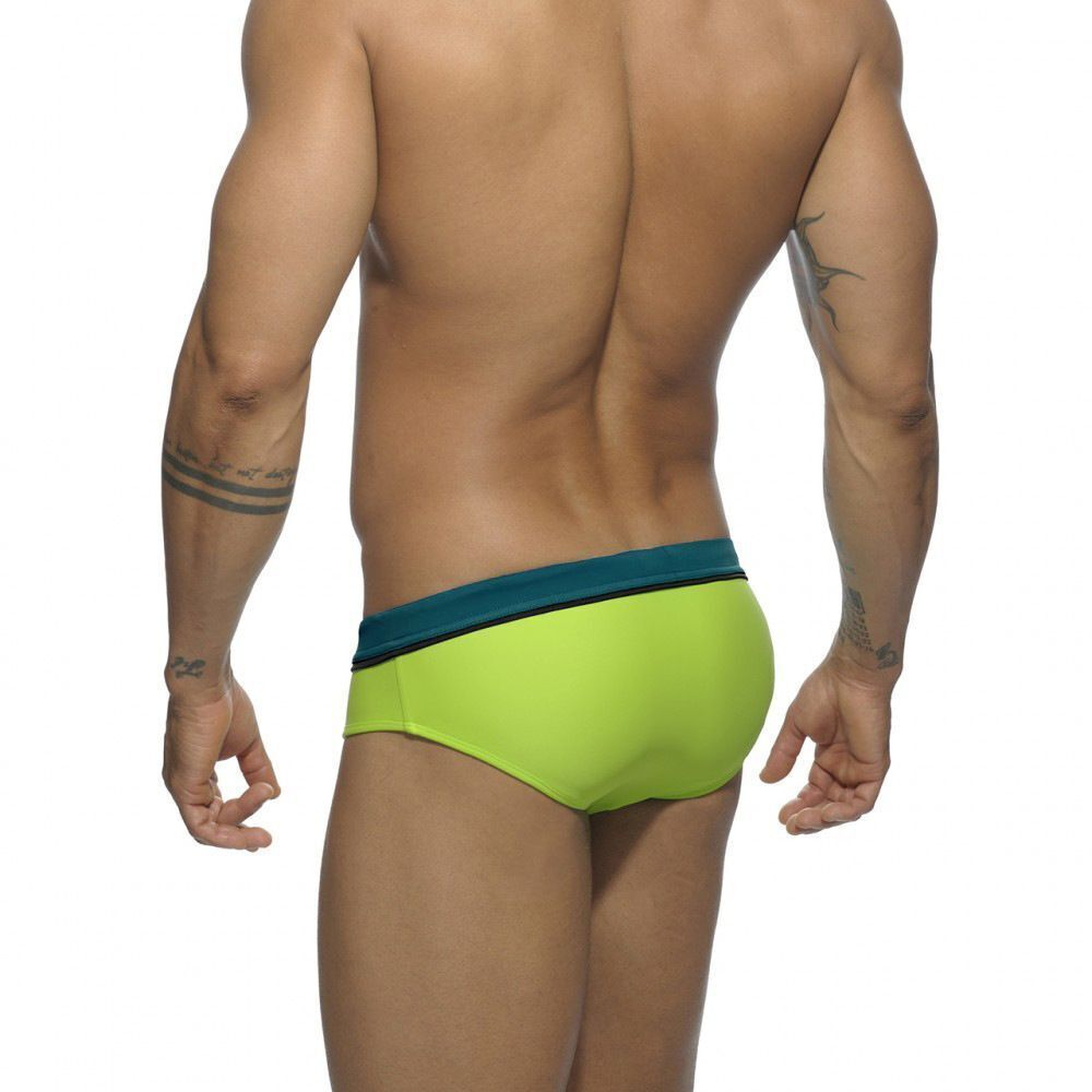 Мужские плавки с контрастным поясом и полосами с одной стороны (Размер: XL) (Цвет: салатовый)