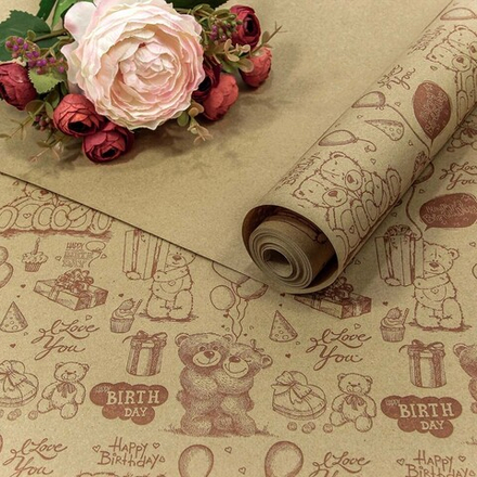 Упаковочная бумага, Крафт 70гр (0,7*10 м) Экошик, Мишки Тедди, 1 шт.