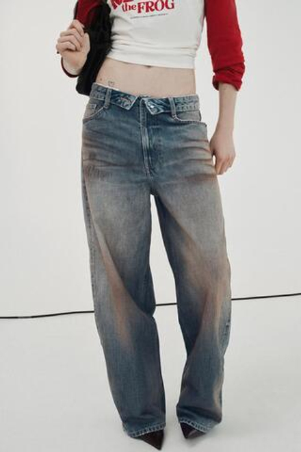 ZARA ДЖИНСЫ TRF СО СРЕДНЕЙ ПОСАДКОЙ И ОТЛОЖНЫМ ПОЯСОМ, СЕРО-СИНИЙ