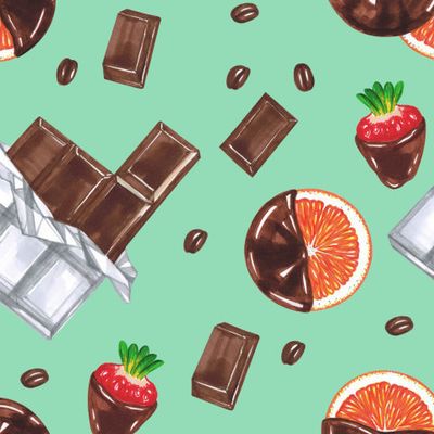 Клубника в шоколаде, апельсины, кофе