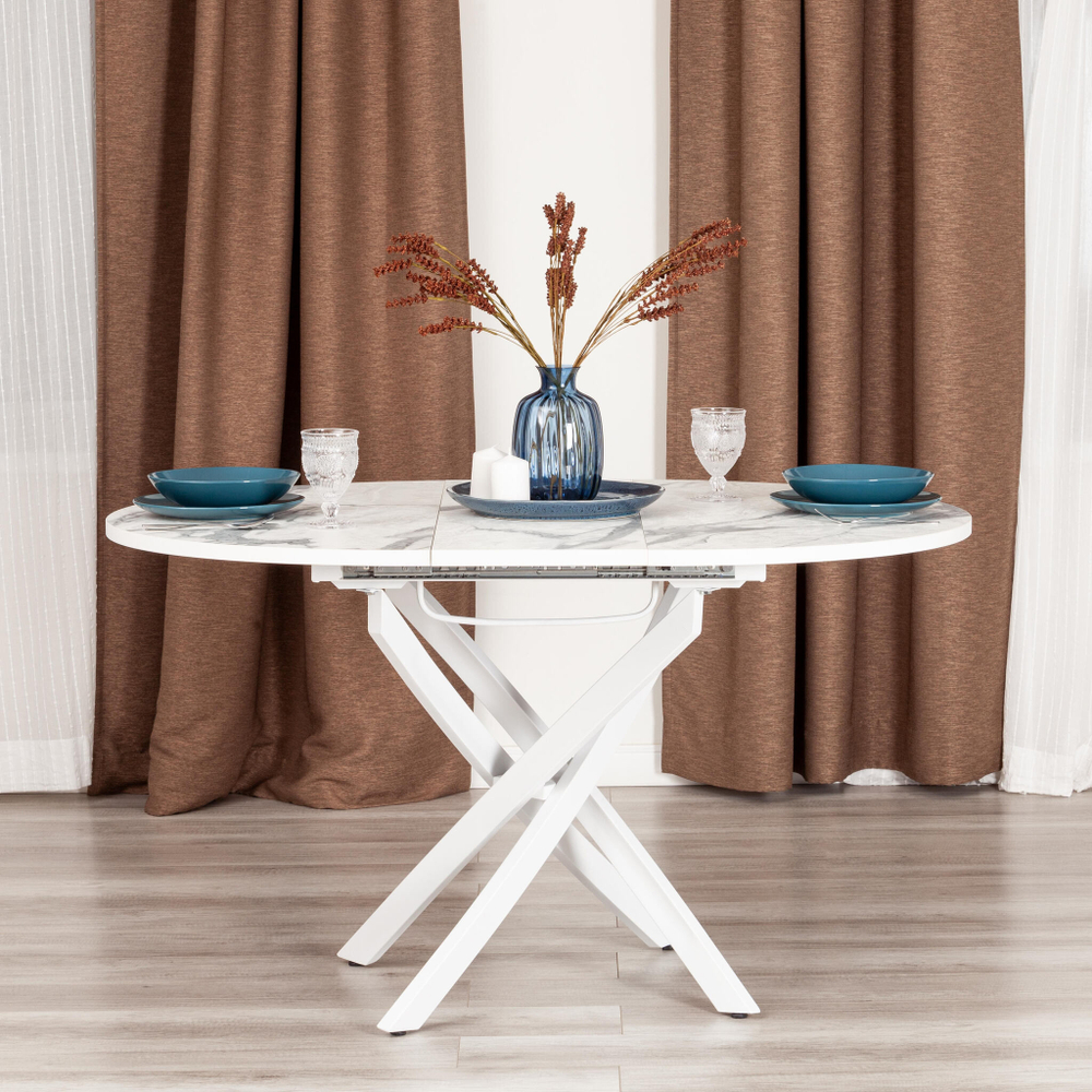 Стол MANZANA ЛДСП/HPL/металл, 100 х 100+30 х 75 см, Мрамор светлый/белый