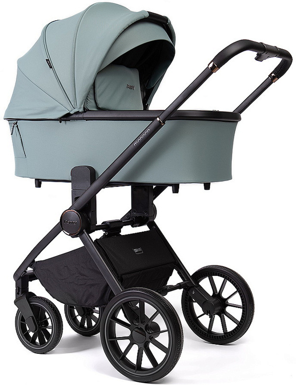 Детская коляска Peppy Monaco 3 в 1 с автокреслом First Mint (мятный), рама черная