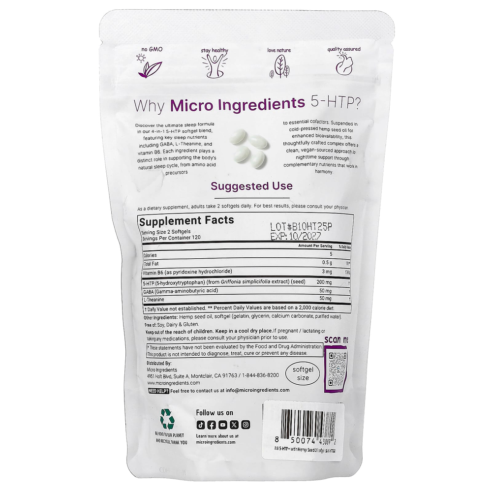 Micro Ingredients, HTP + ГАМК, L-теанин, витамин B6, 240 капсул