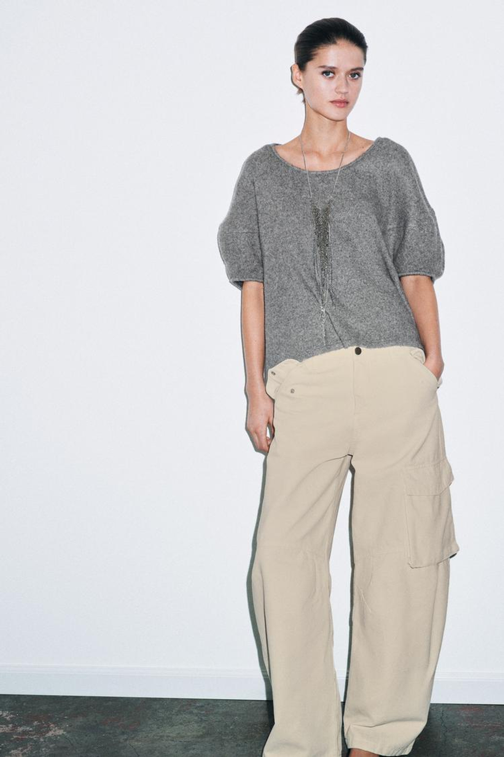 ZARA СВОБОДНЫЙ СВИТЕР ИЗ ТРИКОТАЖА, СЕРЫЙ