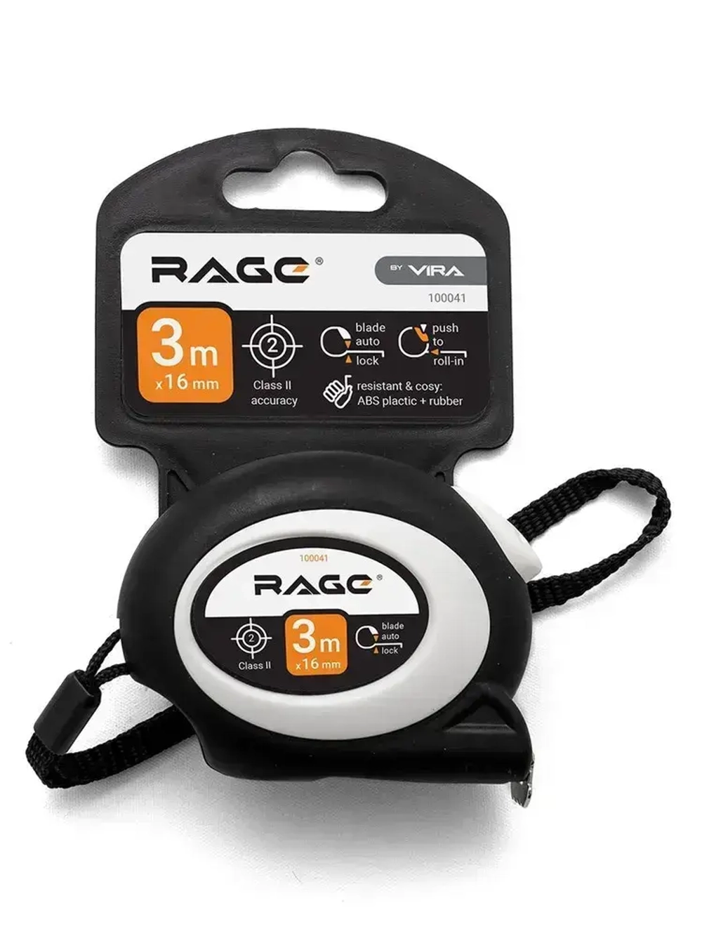 Рулетка с прорезиненным покрытием Soft-Touch автостопом 3 м х 16 мм RAGE by VIRA