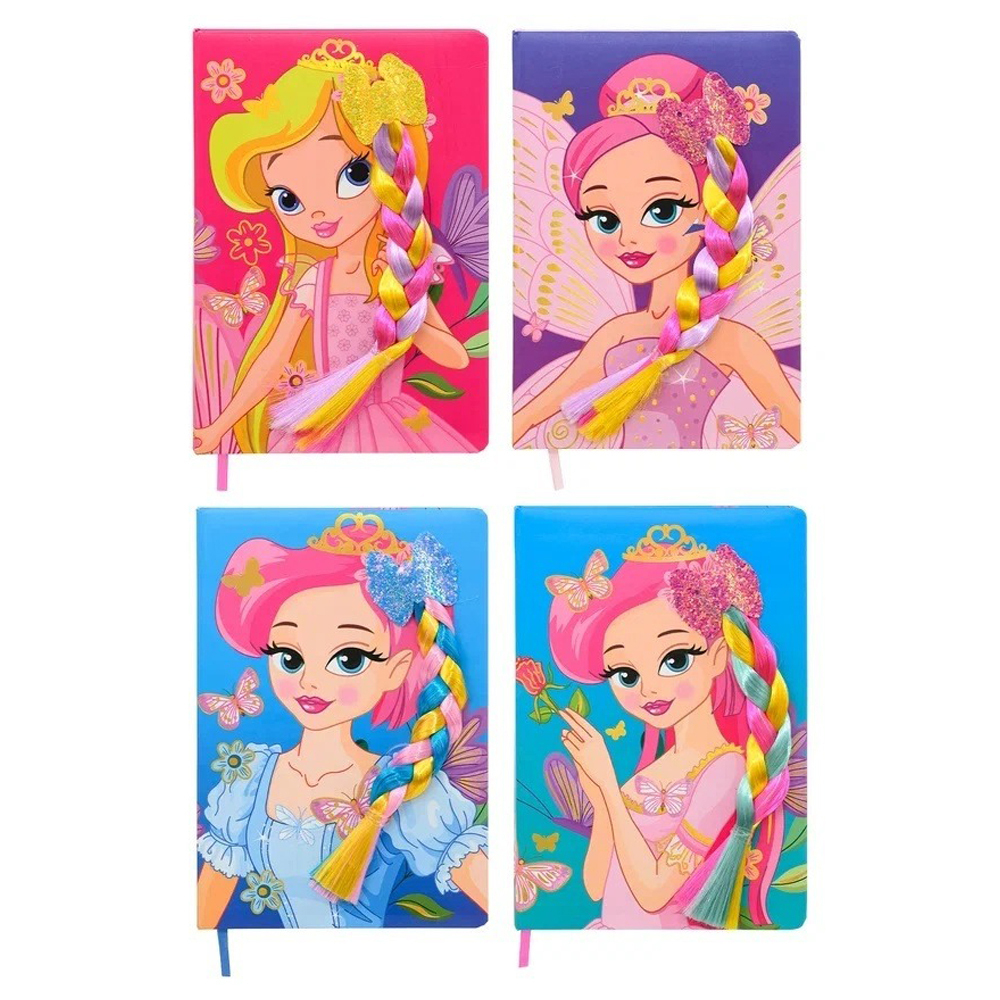 Блокнот детский Basir, формат А5, серия "Принцесса", твёрдый переплёт с поролоном и косой из искусственного волоса, 21*14.5 см, 80 листов, 4 цвета ассорти