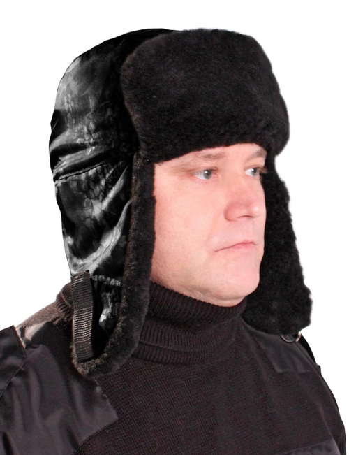 Шапка-ушанка тк.Оксфорд цв.Чёрный (подклад Бязь/опушка Чёрный мех)