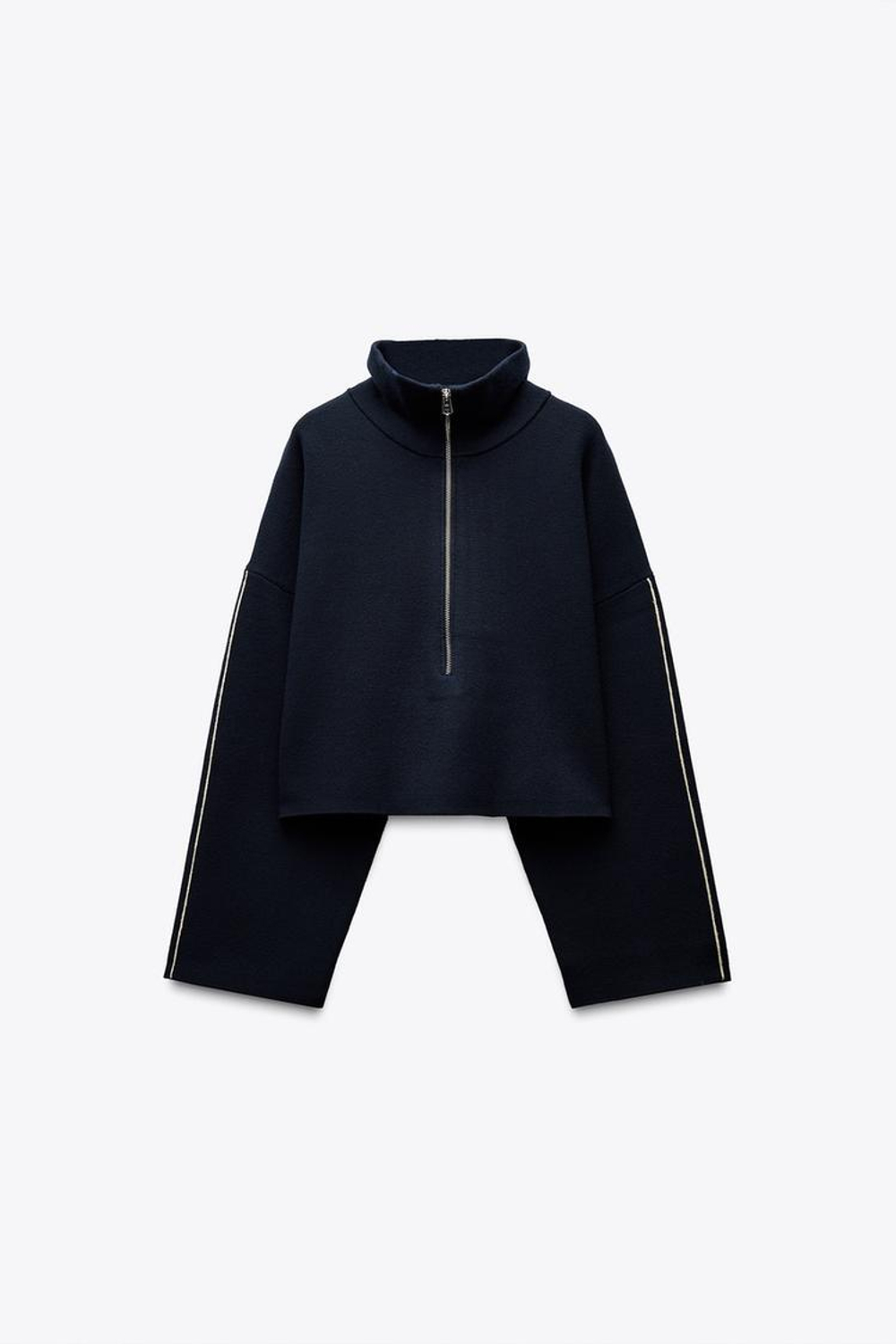 ZARA УКОРОЧЕННАЯ ТОЛСТОВКА С ОКАНТОВКОЙ, МОРСКОЙ СИНИЙ