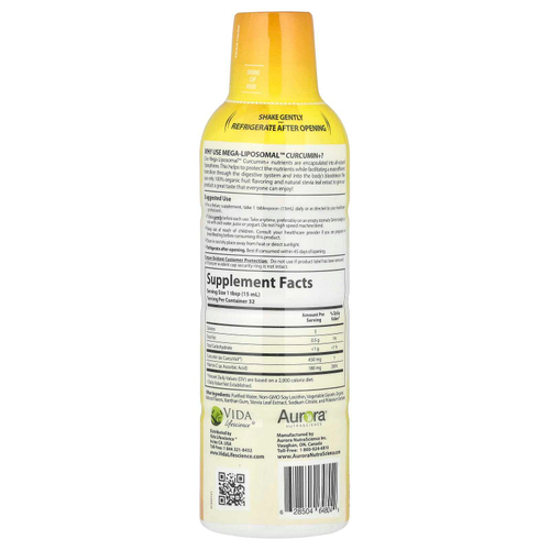 Aurora Nutrascience, Mega-Liposomal™ Curcumin+, органические фрукты, 450 мг, 480 мл (16 жидк. унций)