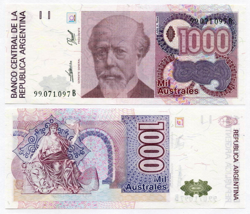 Банкнота Аргентина 1000 аустралей 1988 год № 99.071.097B. UNC