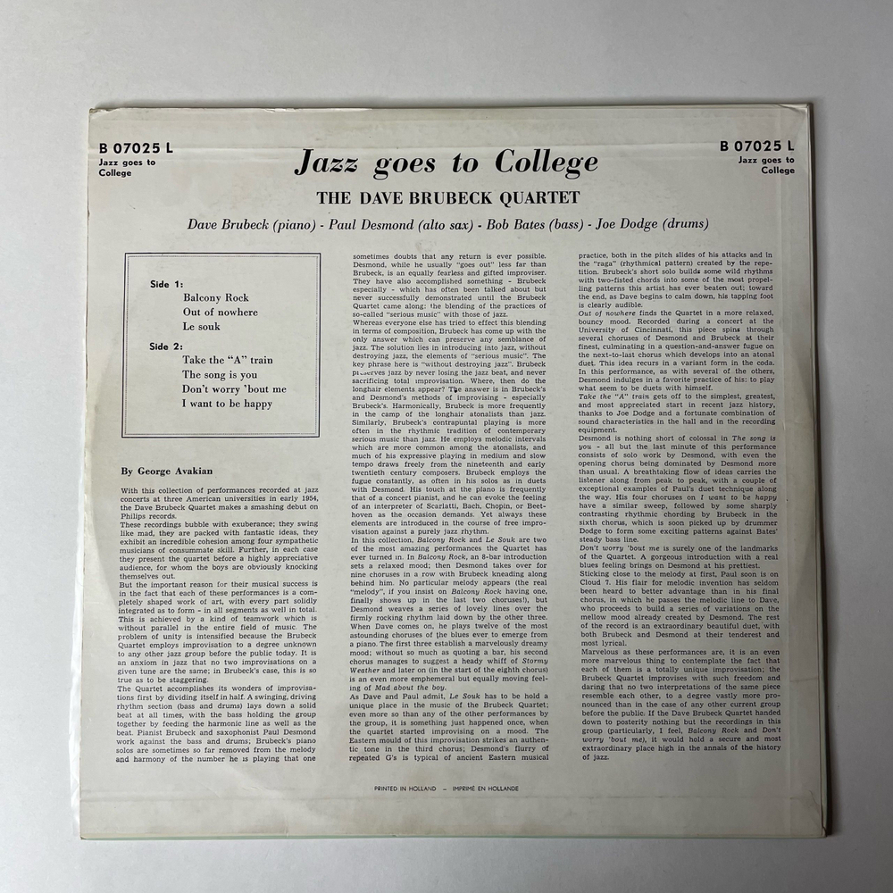 Винтажная виниловая пластинка LP The Dave Brubeck Quartet Jazz Goes To College (Нидерланды 1969)