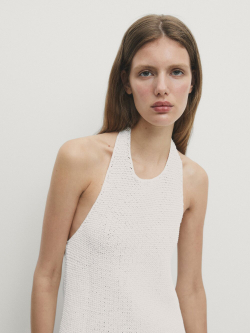 Massimo Dutti Топ с горловиной халтер и глубоким вырезом на спине, натуральный, кремовый