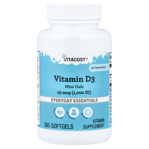 Vitacost, витамин D3 в мини-капсулах, 25 мкг (1000 МЕ), 365 капсул