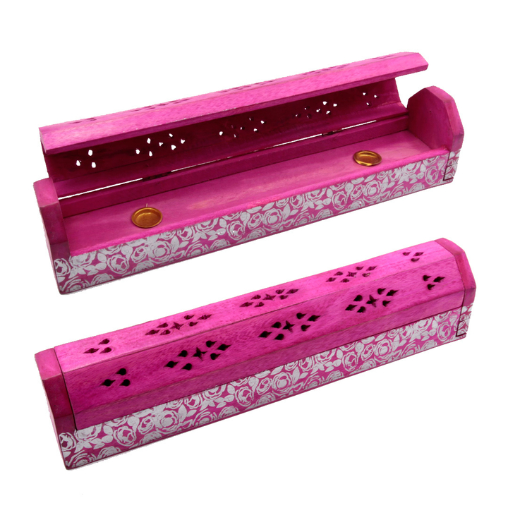 Подставка под благовония Пенал узор Цветы, дерево Шишам, цвет розовый, 30x6x5,5 см